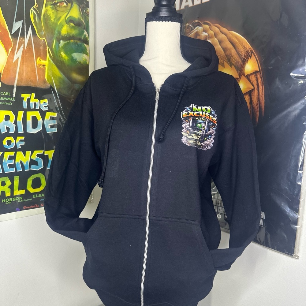 No Excuses Black Zip-Up Hoodie with Graphic Patch